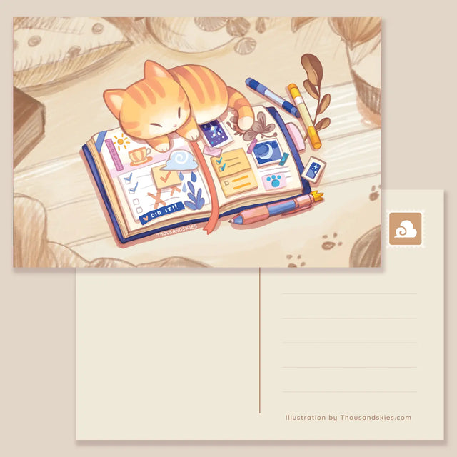 Thousand Skies - Kitten's Journal Postcard

A playful and colorful illustration to brighten someone's day.

• 4 in x 6 in postcard
• Matte finish
• Heavy Cardstock

Please consider that monitor calibrations are all different. The color you see might slightly differ from the photo.

Design ©Thousand Skies