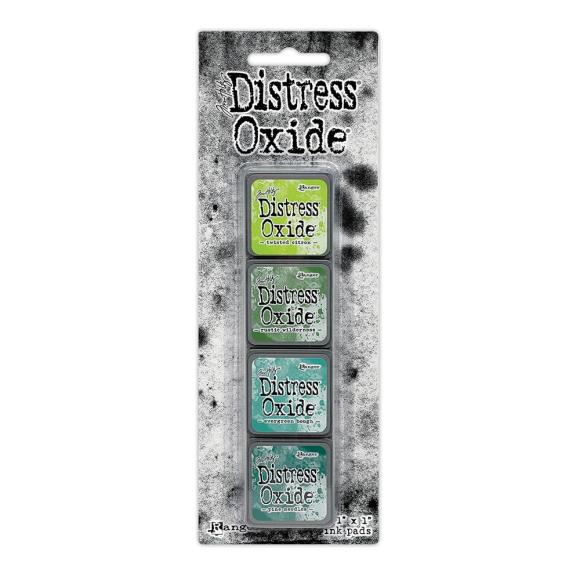 Tim Holtz Distress Mini Oxide Ink Pads are a collection of 1 x 1 cubes featuring water-reactive dye &amp; pigment ink fusion that creates an oxidized effect when sprayed with water. Like their larger counterpart, the Mini Oxide Ink Pads have a raised felt pad with fade resistant ink that coordinates with the full Distress palette of colors. Each ink pad is stackable. Use with stamps, stencils, and direct to surface.