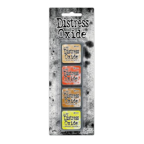Tim Holtz Distress Mini Oxide Ink Pads are a collection of 1 x 1 cubes featuring water-reactive dye & pigment ink fusion that creates an oxidized effect when sprayed with water. Like their larger counterpart, the Mini Oxide Ink Pads have a raised felt pad with fade resistant ink that coordinates with the full Distress palette of colors. Each ink pad is stackable. Use with stamps, stencils, and direct to surface. 