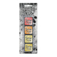 Tim Holtz Distress Mini Oxide Ink Pads are a collection of 1 x 1 cubes featuring water-reactive dye & pigment ink fusion that creates an oxidized effect when sprayed with water.
