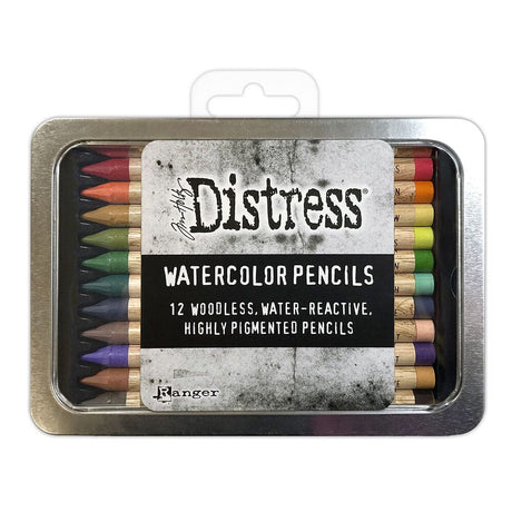 Tim Holtz Distress® Watercolor Pencils are woodless watercolor pencils formulated to achieve vibrant coloring effects on porous surfaces. The solid water-reactive pigments are ideal for watercoloring, shading, sketching and more!