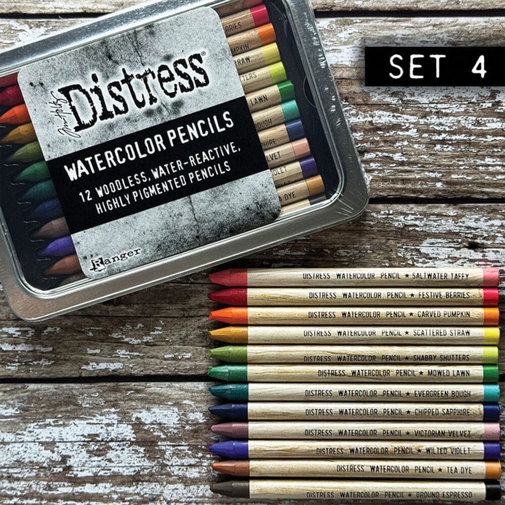 Tim Holtz Distress® Watercolor Pencils are woodless watercolor pencils formulated to achieve vibrant coloring effects on porous surfaces. The solid water-reactive pigments are ideal for watercoloring, shading, sketching and more!