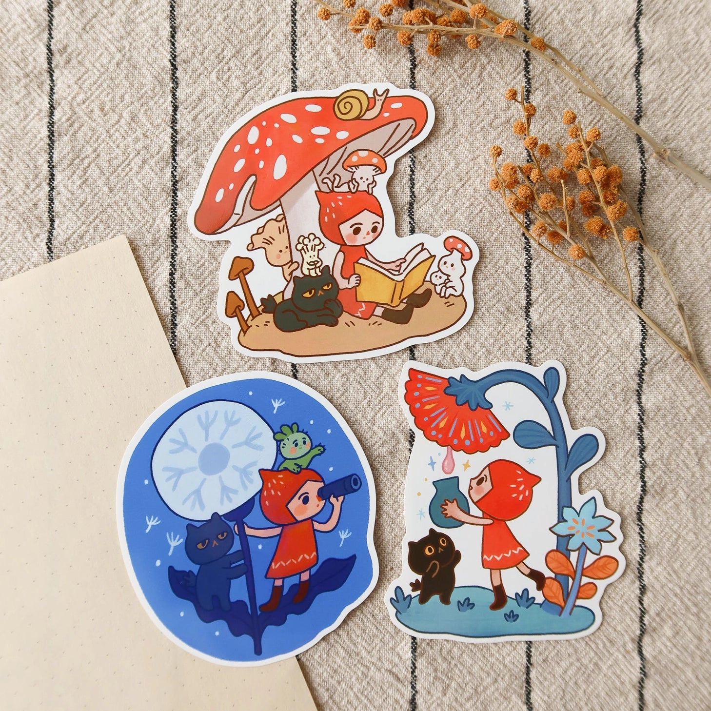A whimsical set of 3 vinyl stickers featuring Tiny Kikimo and friends on their little adventures.
