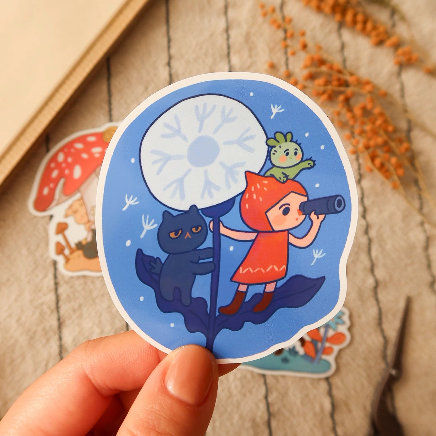A whimsical set of 3 vinyl stickers featuring Tiny Kikimo and friends on their little adventures.