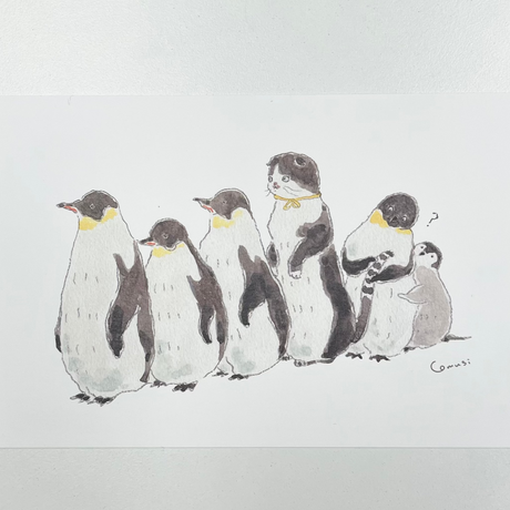 This adorable postcard features a cat trying to blend in with a row of penguins. It was illustrated by artist Tokoro Komugi who is known for their soft style of illustration featuring animals.

4in x 5.8in