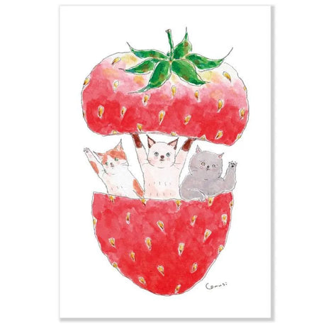 This adorable postcard features cats popping out of a strawberry to say hello! It was illustrated by artist Tokoro Komugi who is known for their soft style of illustration featuring animals. It is a postcard that makes you feel happy just by looking at it.

4in x 5.8in