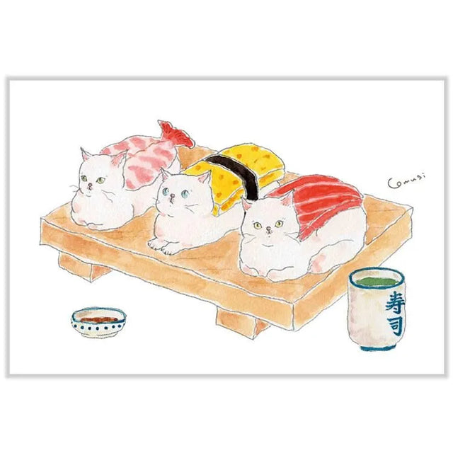 Tocorocomugi Postcard - Sushi Nyanko

This adorable postcard features three cats as sushi! It was illustrated by artist Tokoro Komugi who is known for their soft style of illustration featuring animals.

4in x 5.8in