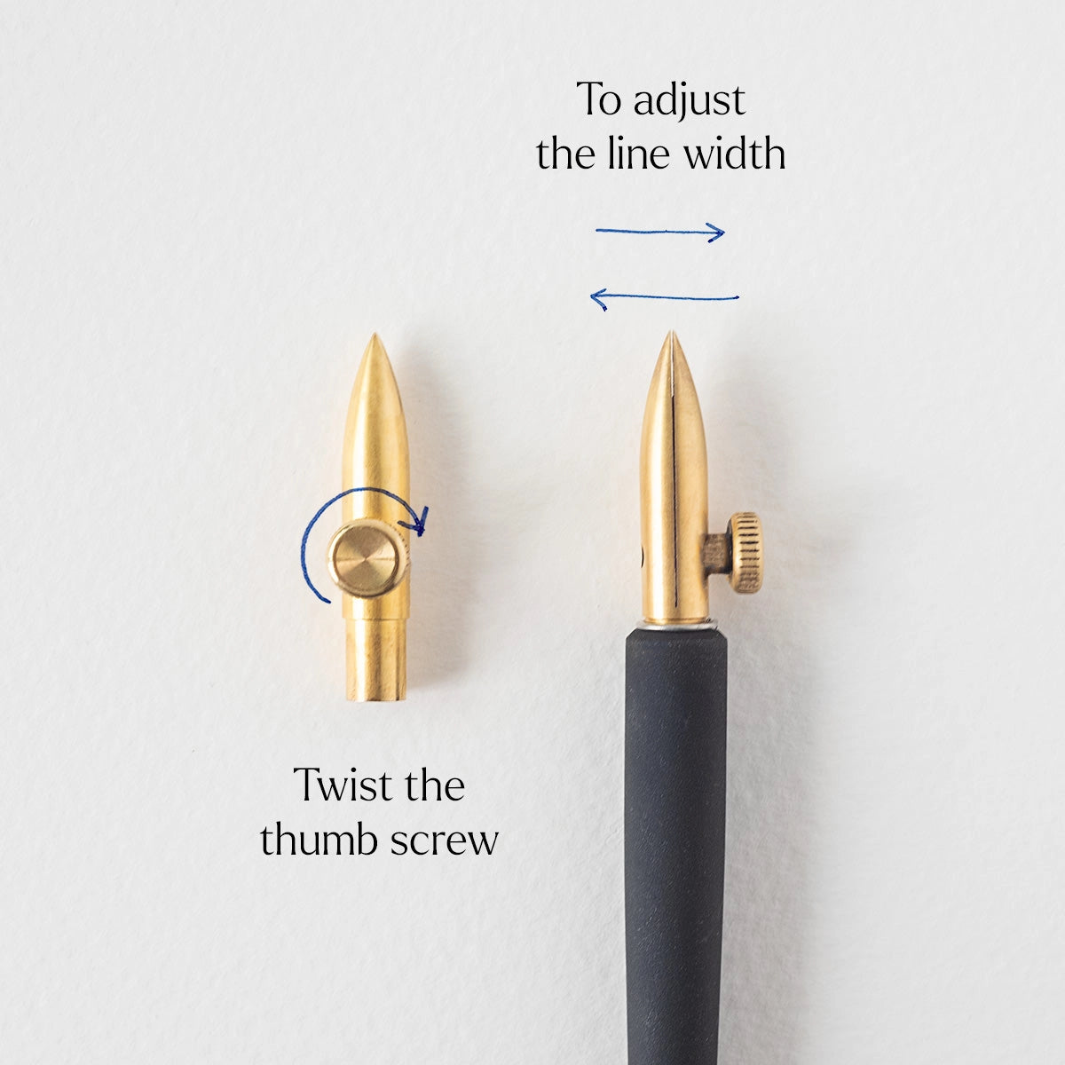 An experimental calligraphy nib. This nib is a delight for illustrators and calligraphers, offering the ability to adjust the nib for a wide range of stunning line variations. With a simple twist of the thumb screw, you can produce broader or finer lines, or change the nib's angle to the page to create rich, thick strokes.