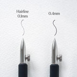 An experimental calligraphy nib. This nib is a delight for illustrators and calligraphers, offering the ability to adjust the nib for a wide range of stunning line variations. With a simple twist of the thumb screw, you can produce broader or finer lines, or change the nib's angle to the page to create rich, thick strokes.