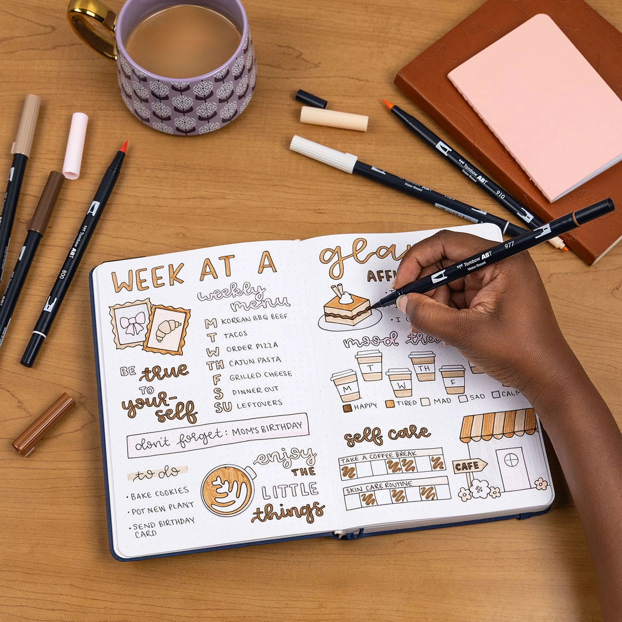 Set of 6 colors. Dual Brush Pens feature a flexible brush tip and a fine tip in one marker. The brush tip works like a paintbrush to create fine, medium, or bold strokes, while the fine tip provides consistent lines. The Coffee Break palette is inspired by rich coffee tones and warm neutrals, perfect for cozy and inviting designs. The water-based ink is blendable, and the resilient nylon brush retains its point stroke after stroke.