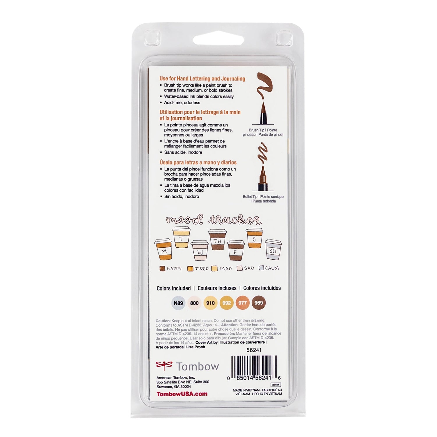 Set of 6 colors. Dual Brush Pens feature a flexible brush tip and a fine tip in one marker. The brush tip works like a paintbrush to create fine, medium, or bold strokes, while the fine tip provides consistent lines. The Coffee Break palette is inspired by rich coffee tones and warm neutrals, perfect for cozy and inviting designs. The water-based ink is blendable, and the resilient nylon brush retains its point stroke after stroke.