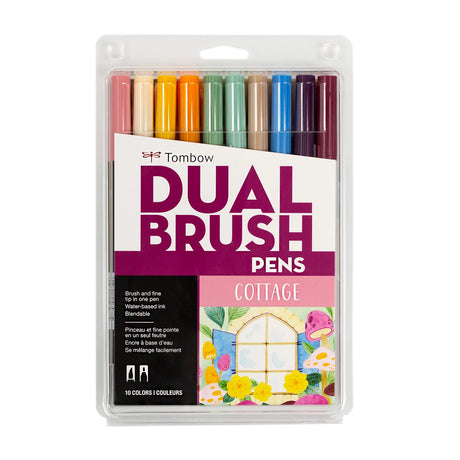 Set of 10 Dual Brush Pen colors in Cottage color assortment. Flexible brush tip and fine tip in one marker. Brush tip works like a paintbrush to create fine, medium, or bold strokes; a fine tip gives consistent lines. Dual Brush Pens are ideal for artists and crafters. The water-based ink is blendable and the resilient nylon brush retains its point stroke after stroke.

Colors Included: 772 Dusty Rose, 910 Opal, 993 Chrome Orange, 946 Gold Ochre, 192 Asparagus, 312 Holly Green, 992 Sand, 526 True Blue, 679 