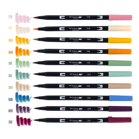 Set of 10 Dual Brush Pen colors in Cottage color assortment. Flexible brush tip and fine tip in one marker. Brush tip works like a paintbrush to create fine, medium, or bold strokes; a fine tip gives consistent lines. Dual Brush Pens are ideal for artists and crafters. The water-based ink is blendable and the resilient nylon brush retains its point stroke after stroke.

Colors Included: 772 Dusty Rose, 910 Opal, 993 Chrome Orange, 946 Gold Ochre, 192 Asparagus, 312 Holly Green, 992 Sand, 526 True Blue, 679 