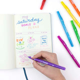 Double-sided marker creates thick or thin lines with two tip choices – broad bullet tip for bold lines or extra-fine tip for detailed, precise lines. Perfect for color-coding and decorating planners, journals and notebooks. Create fun doodling and lettering styles with a choice of 36 colors. Water-based ink doesn’t bleed through most papers. Durable fiber point tips are long lasting and maintain shape after use.&nbsp;