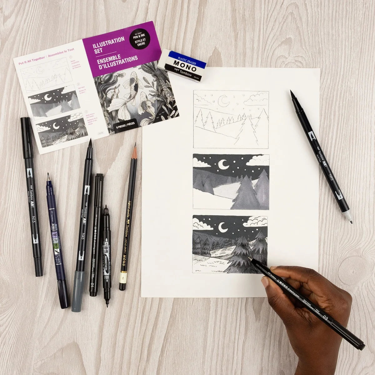 Tombow Illustration Set includes all the tools you need to create pen & ink drawings, sketches and illustrations. Contains instructional guide with helpful tips on basic drawing techniques, layering, value and composition.