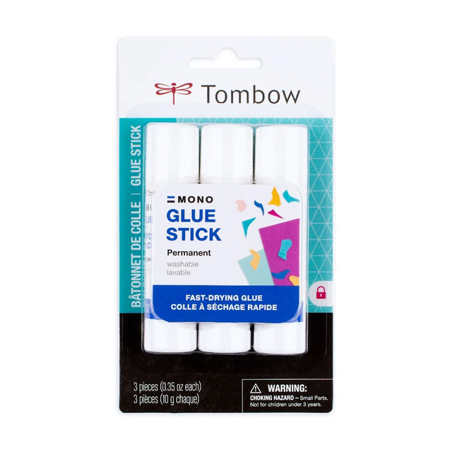Craft glue stick value pack with 3 applicators. MONO Glue Sticks provide a strong, permanent bond with no messy liquid. Firm glue retains its shape during use and dries quickly. Works great on a variety of paper products, including cardstock, paperboard, and cardboard. Use for paper crafting, office or school projects. Washable. 0.35 oz (each).