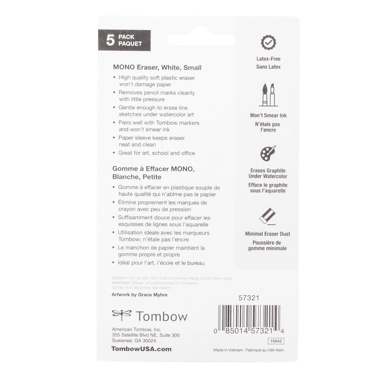 Soft plastic eraser removes marks cleanly with little pressure and no paper damage. Great for school or art.&nbsp;The eraser’s protective paper sleeve features rounded corners to prevent damage to the eraser during use.

5-Pack