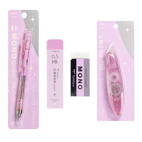 The Tombow Shimmer Stationery Set brings together four MONO favorites in a cohesive, shimmering design that adds a bit of shine to everyday stationery. Each set is thoughtfully curated to include the essentials you reach for most, all in a matching finish that feels special without sacrificing performance. 

The MONO Graph Mechanical Pencil features Tombow’s shake mechanism for quick lead advancement and a shake lock to prevent accidental extension. The MONO Eraser delivers clean, precise erasing, while 0.5