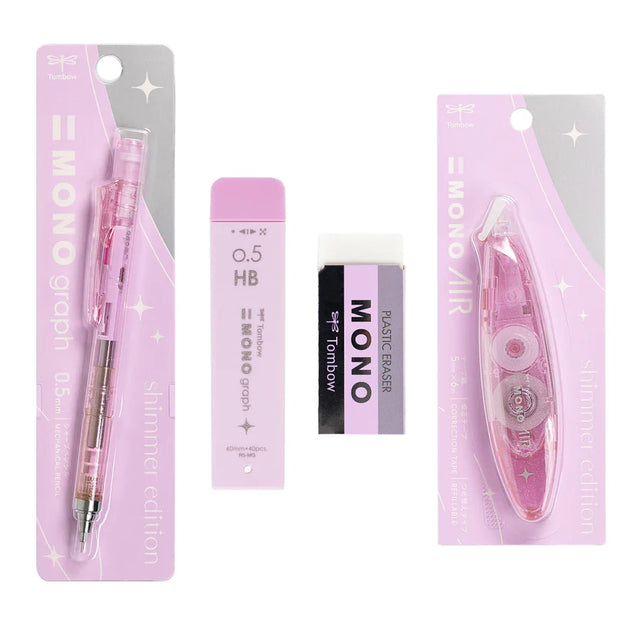The Tombow Shimmer Stationery Set brings together four MONO favorites in a cohesive, shimmering design that adds a bit of shine to everyday stationery. Each set is thoughtfully curated to include the essentials you reach for most, all in a matching finish that feels special without sacrificing performance. 

The MONO Graph Mechanical Pencil features Tombow’s shake mechanism for quick lead advancement and a shake lock to prevent accidental extension. The MONO Eraser delivers clean, precise erasing, while 0.5