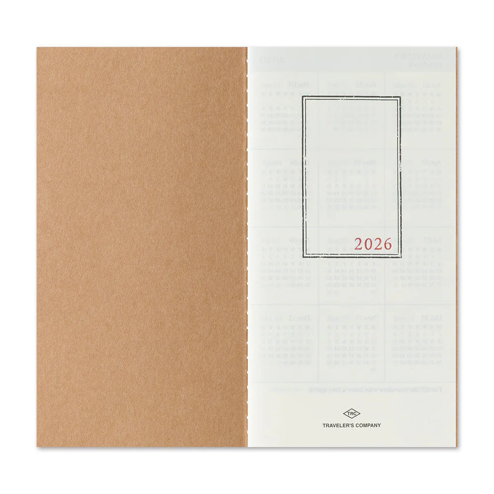 This is 2026 Monthly Diary Refill for TRAVELER’S notebook. The Monthly block layout is the most basic diary type that can allow you to plan the entire month at a glance. You can use the monthly diary to plan for schedules and meetings or use each block as a habit tracker.

This refill features MD Paper, developed specifically in pursuit of the perfect writing experience. You can use a variety of writing instruments (including fountain pens) without bleed-through. It also comes with a guide.