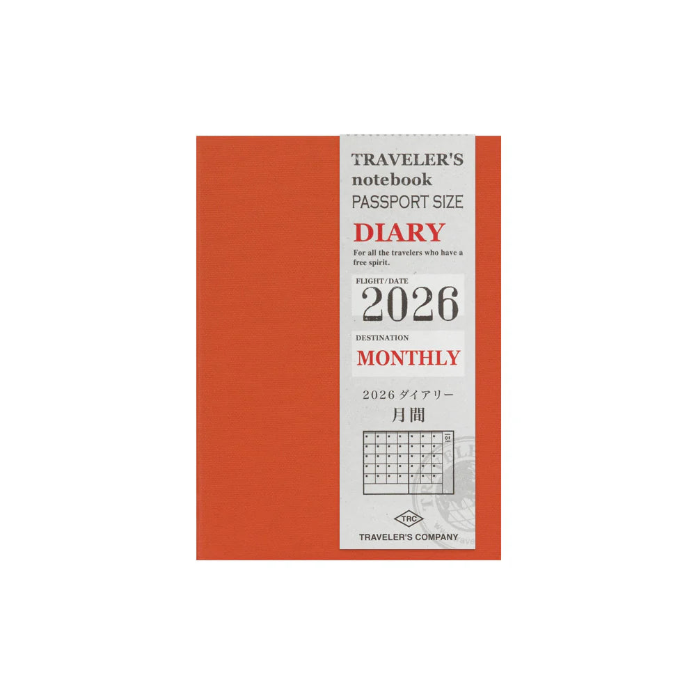 This is the 2026 Monthly Diary Refill for TRAVELER’S notebook Passport Size. The Monthly block layout is the most basic diary type that can allow you to plan the entire month at a glance. Because it is passport size, you can carry it around and use it as a sub diary. It is also convenient to just write down your anniversary or birthday.

This refill features MD Paper, developed specifically in pursuit of the perfect writing experience. You can use a variety of writing instruments (including fountain pens).