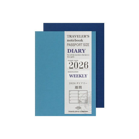 This is 2026 Weekly Diary Refill for TRAVELER'S notebook Passport Size. There is ample space for each day of the week to jot down notes, appointments, or other tasks. It is also suitable for use as a mini diary where you can write down things that happen daily.

This refill features MD Paper, developed specifically in pursuit of the perfect writing experience. You can use a variety of writing instruments (including fountain pens) without bleed-through. It also comes with a guide and a sticker sheet.