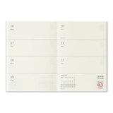 This is 2026 Weekly Diary Refill for TRAVELER'S notebook Passport Size. There is ample space for each day of the week to jot down notes, appointments, or other tasks. It is also suitable for use as a mini diary where you can write down things that happen daily.

This refill features MD Paper, developed specifically in pursuit of the perfect writing experience. You can use a variety of writing instruments (including fountain pens) without bleed-through. It also comes with a guide and a sticker sheet.