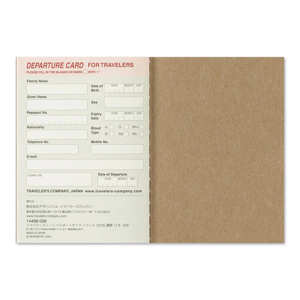 This is 2026 Weekly Diary Refill for TRAVELER'S notebook Passport Size. There is ample space for each day of the week to jot down notes, appointments, or other tasks. It is also suitable for use as a mini diary where you can write down things that happen daily.

This refill features MD Paper, developed specifically in pursuit of the perfect writing experience. You can use a variety of writing instruments (including fountain pens) without bleed-through. It also comes with a guide and a sticker sheet.