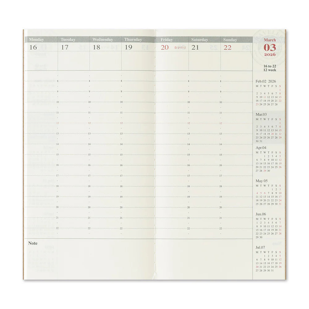 2026 Diary Weekly Vertical Regular Size features a vertical diary that is useful for keeping track of schedules on a timely basis. You can plan or record events through increments of 30 minutes throughout the day, with extra space below for notes.


A single notebook covers six months. This set includes two notebooks - one for each half of the year. This refill features MD Paper, developed specifically in pursuit of the perfect writing experience. You can use a variety of writing instruments.