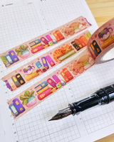 A washi tape inspired by trinket shelves and rainbow books!

Each roll of washi tape is 15mm (approximately 0.59 inches) wide and 10 meters (approximately 10.9 yards) long.