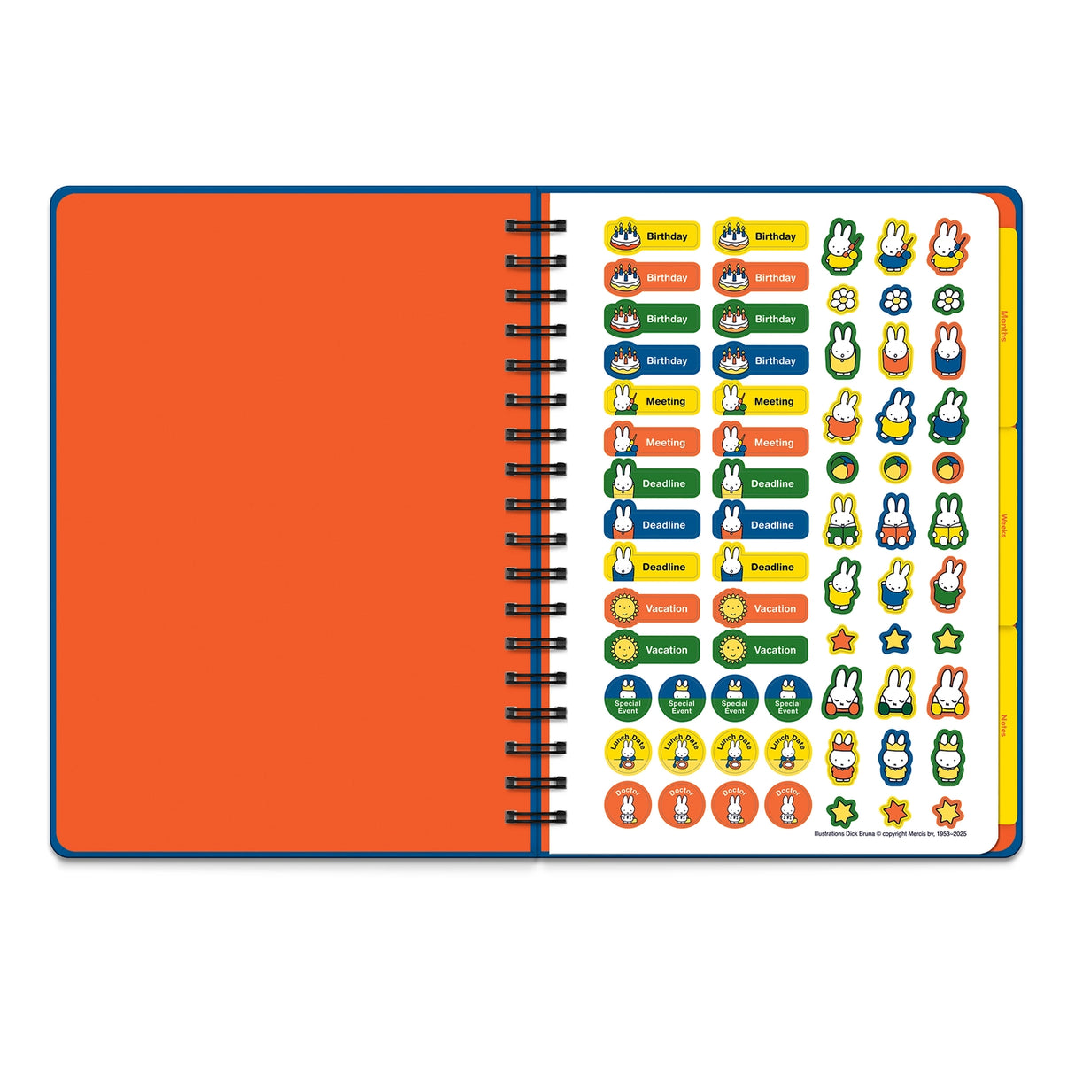 Plan out your year with Miffy! This Undated Tri-Tab Planner is your go-to for year-round organization—start anytime, no dates required! With three cute tabbed dividers, you can easily flip between monthly spreads, weekly planning, and notes. Plus, full-color stickers make tracking your to-dos fun and easy! Each section features a handy pocket for receipts or lists, and the wire-o binding lets it lie flat as you plan. The elastic band keeps everything secure—and doubles as a page marker! Planning just got a 