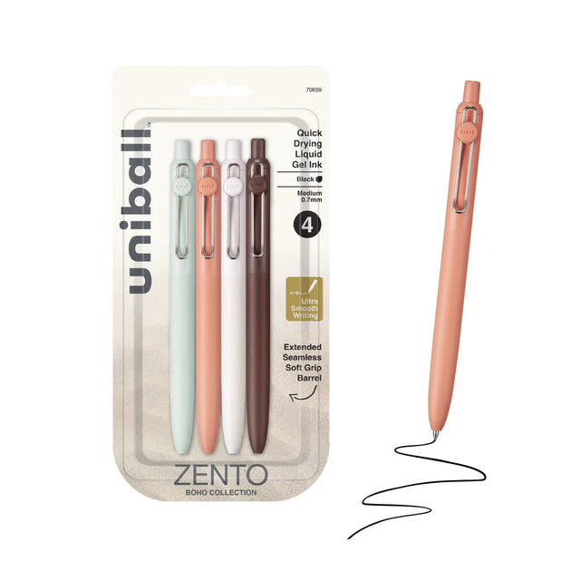 Uniball Zento Gel Pen 4 Pack - Boho Collection

Experience ultra smooth, effortless writing with uniball™ Zento retractable gel pens. The quick-drying liquid gel ink minimizes smudging and ensures no bleed-through to keep pages clean. With a precise 0.7mm point, uniball™ Zento offers a vivid, dark ink crisp, bold lines with every stroke.


Packaged in a convenient 4-count set, Zento pens are ideal for everyday writing, journaling, work, and school. This set includes pen bodies in the colors Mist, Adobe, Lin