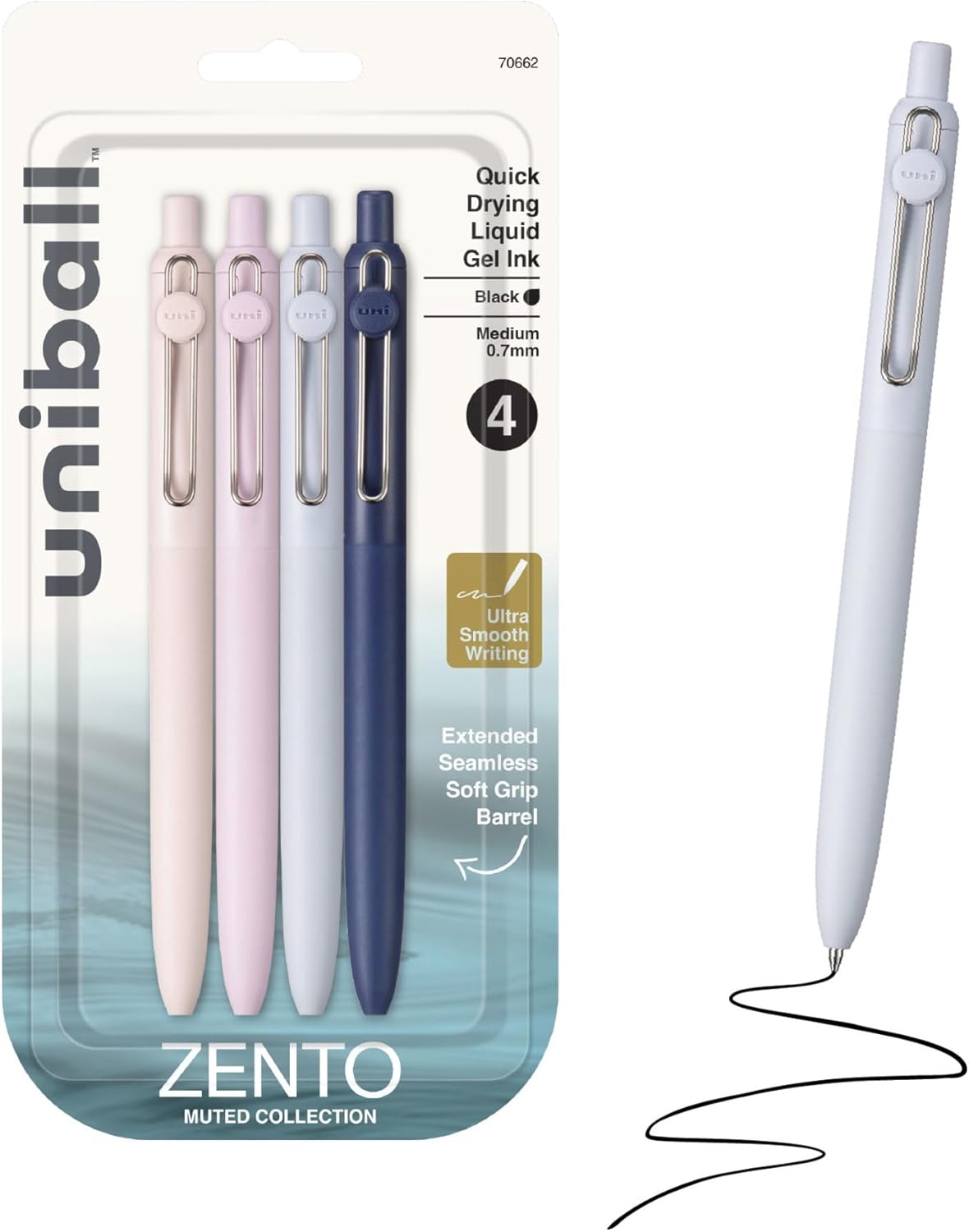 Experience ultra smooth, effortless writing with uniball™ Zento retractable gel pens. The quick-drying liquid gel ink minimizes smudging and ensures no bleed-through to keep pages clean. With a precise 0.7mm point, uniball™ Zento offers a vivid, dark ink crisp, bold lines with every stroke.

Designed for comfort and control, the seamless soft grip is made with 75% recycled material and features minimalist Muted fashion barrel colors for a modern look. Packaged in a convenient 4-count set, Zento pens are ide
