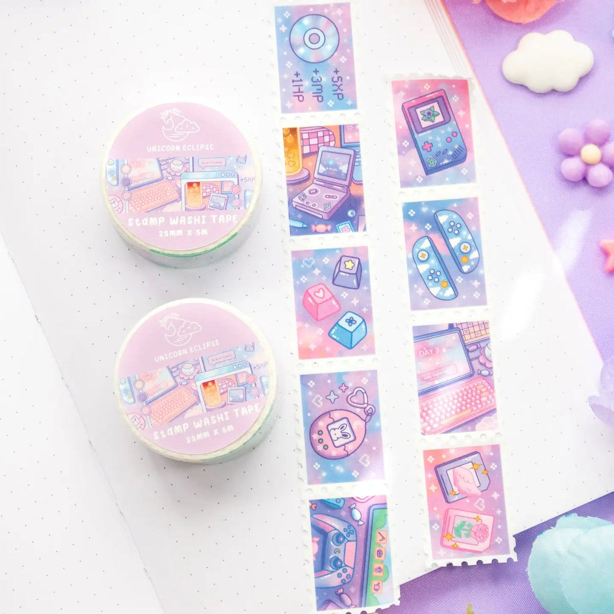 Unicorn Eclipse - Game Time Stamp Washi Tape

1 roll: 25mm x 5m
Made of eco-friendly adhesive paper materials
Easily removable with no residue

✧Notes✧ Please note that color on images may vary from monitor to monitor due to photographing, lighting and screen settings. Minor errors may be possible as these stickers are handmade.