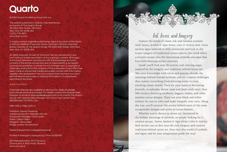 Explore the world of classic ink! With 500+ stickers and 50+ coloring and activity pages, dive into vintage tattoo art inspired by timeless symbols and signs.

Vintage Tattoos, Symbols & Signs Sticker, Color & Activity Book includes everything you need to spark your inner artist. From iconic flash designs and celestial symbols to folk imagery and old-school lettering, its pages capture the enduring allure of tattoo culture and the powerful meanings behind these classic designs.

Inside, you’ll find:

Bold t