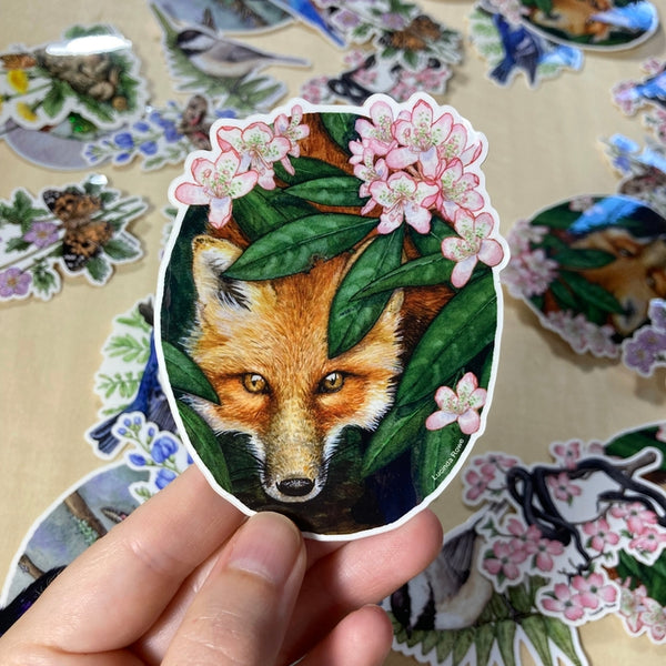 Red Fox with Rhododendron Vinyl Sticker