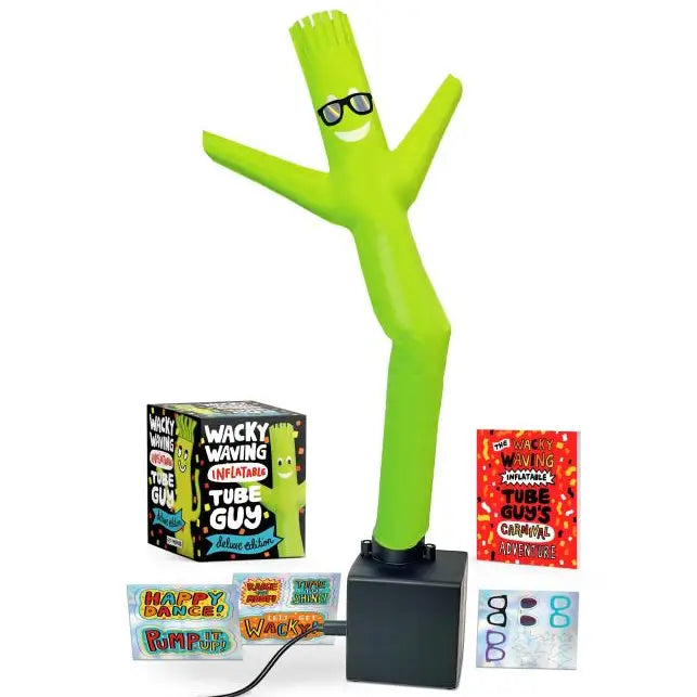 Wacky Waving Inflatable Tube Guy Deluxe Edition

Pump up the party with this neon deluxe edition of the wildly popular miniature Wacky Waving Inflatable Tube Guy— now including a USB power cord and bonus vinyl stickers!

Specifications:

17-inch Neon Green Tube Guy with fan in base to make him dance, wiggle, and shake.
USB power cord: Set includes a USB cable that allows Tube Guy to wave continuously.
Illustrated mini book and vinyl stickers: Includes a humorous full-color mini book and holographic vinyl st