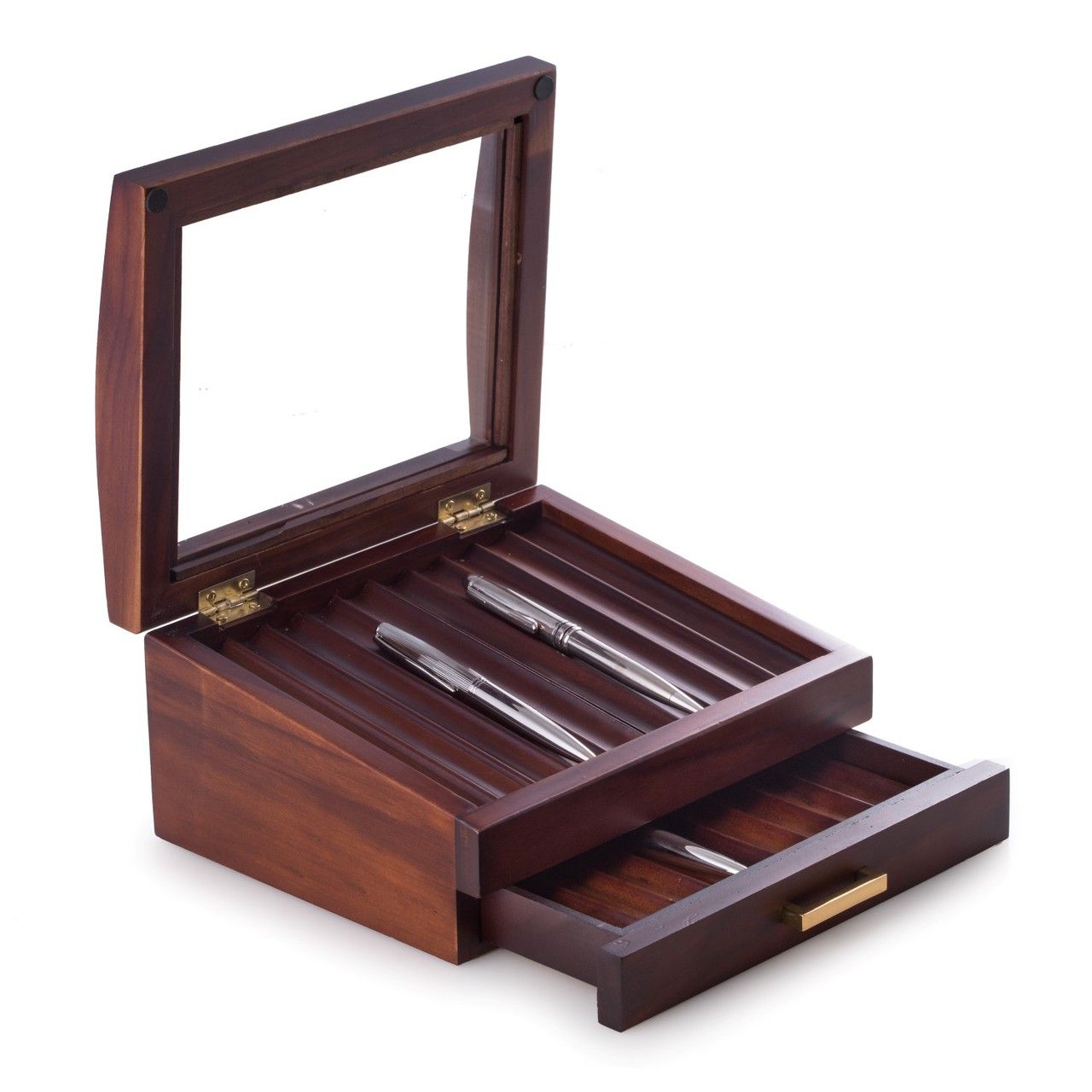 Made of solid walnut wood, this 19 pen display and storage box features a glass see-thru top and a second level drawer for additional storage of your fine writing instruments. Walnut Wood 19 Pen Box with Glass See-thru Top, Drawer and Gold Accents.