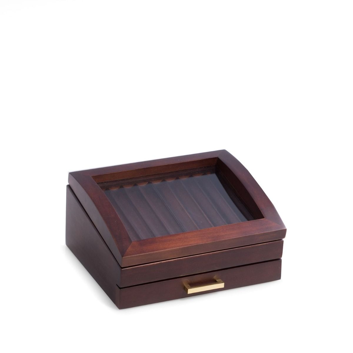 Made of solid walnut wood, this 19 pen display and storage box features a glass see-thru top and a second level drawer for additional storage of your fine writing instruments. Walnut Wood 19 Pen Box with Glass See-thru Top, Drawer and Gold Accents.
