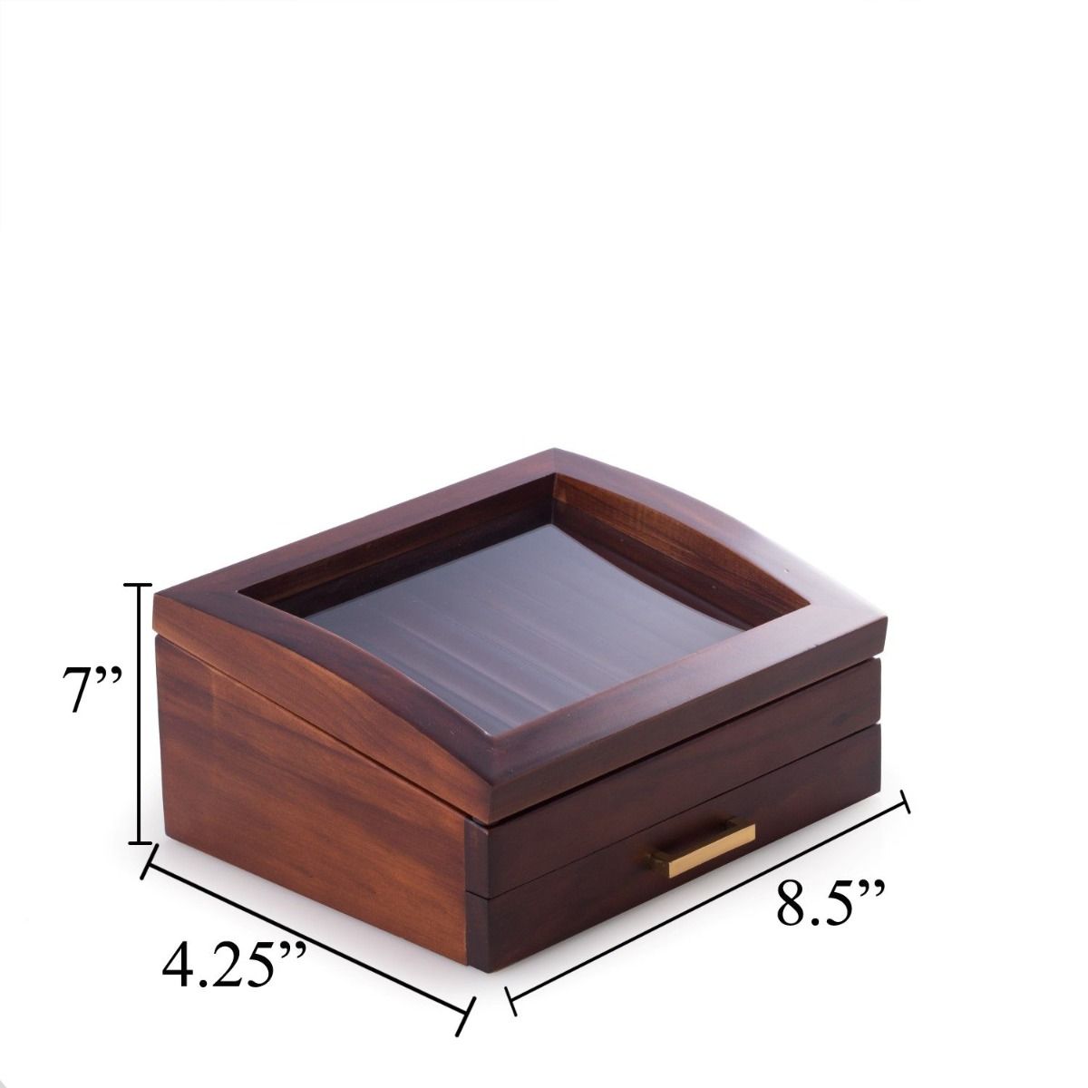 Made of solid walnut wood, this 19 pen display and storage box features a glass see-thru top and a second level drawer for additional storage of your fine writing instruments. Walnut Wood 19 Pen Box with Glass See-thru Top, Drawer and Gold Accents.