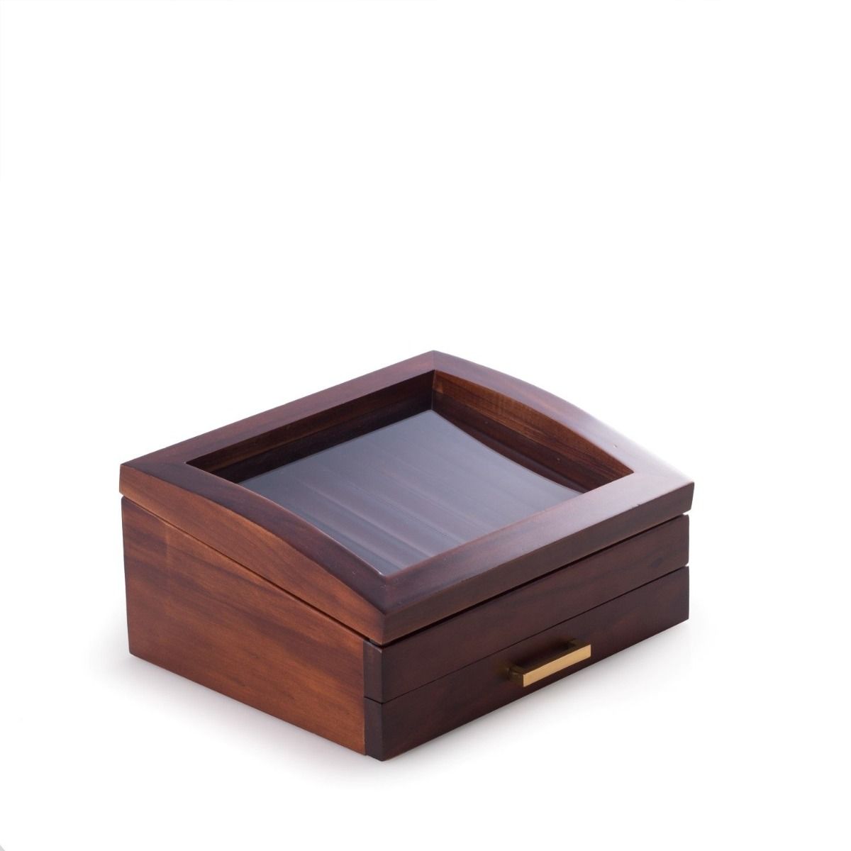 Made of solid walnut wood, this 19 pen display and storage box features a glass see-thru top and a second level drawer for additional storage of your fine writing instruments. Walnut Wood 19 Pen Box with Glass See-thru Top, Drawer and Gold Accents.