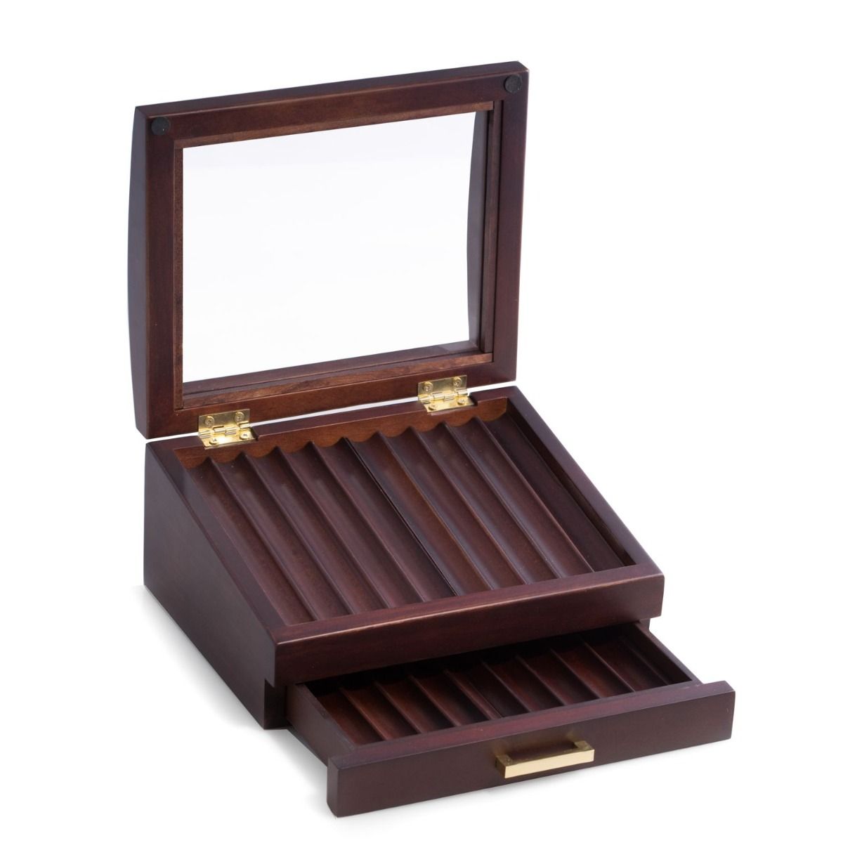 Made of solid walnut wood, this 19 pen display and storage box features a glass see-thru top and a second level drawer for additional storage of your fine writing instruments. Walnut Wood 19 Pen Box with Glass See-thru Top, Drawer and Gold Accents.
