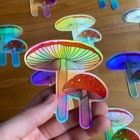 Mushroom Holographic Sticker Water Resistant