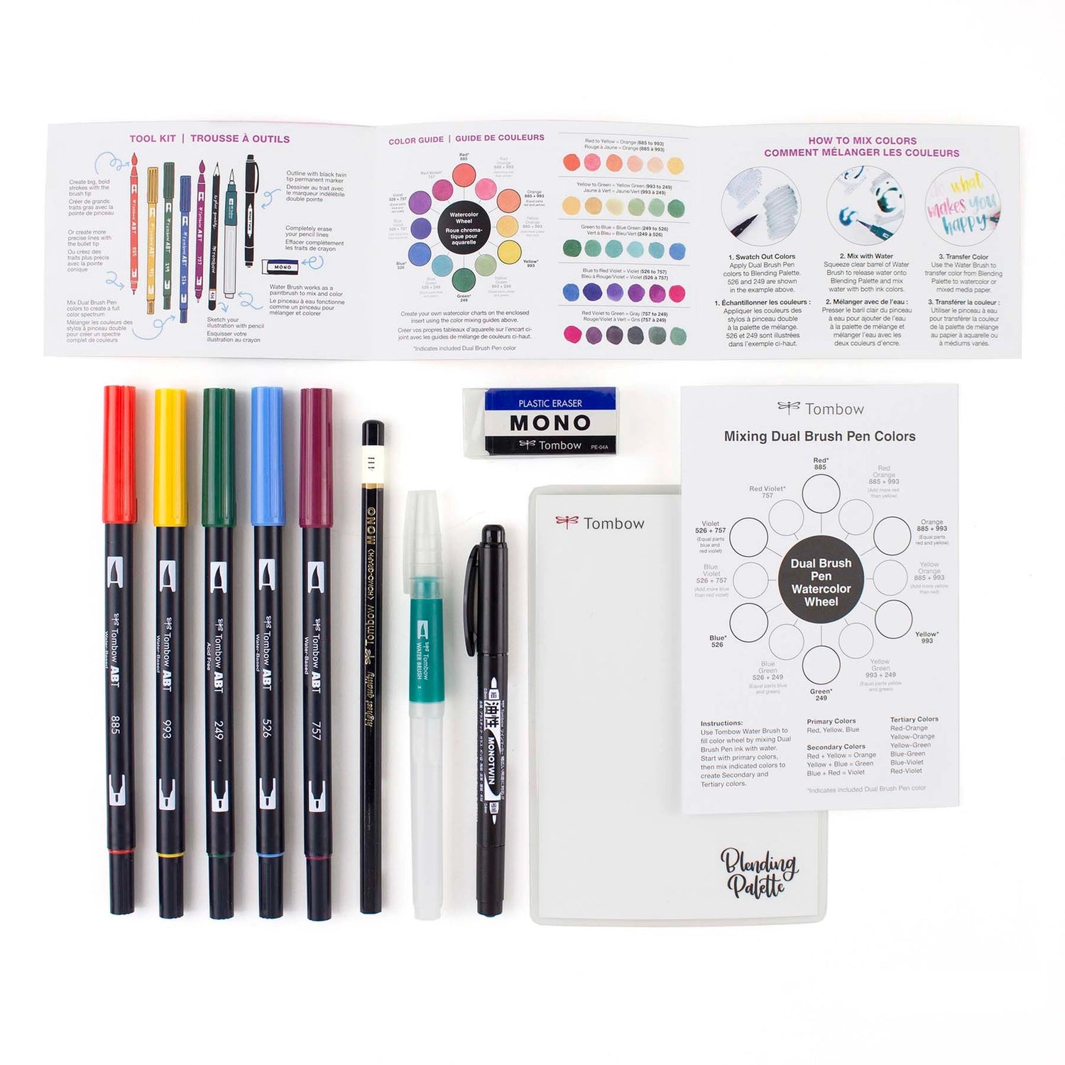 Learn to use Tombow Dual Brush Pens to easily create watercolor art with the Tombow Watercolor Set. Includes a pamphlet with helpful tips and all the tools you need to start blending and mixing colors. Each set includes 5 Dual Brush Pens, Medium Water Brush, MONO Drawing Pencil, MONO Twin Permanent Marker, MONO Plastic Eraser, Blending Palette, Watercolor Guide, and Mixing Chart. Dual Brush Pen Colors Included: 885 Warm Red, 993 Chrome Orange, 249 Hunter Green, 526 True Blue, 757 Port Red.