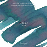 A cold teal greenish blue reminiscent of deep sleep is veiled with muted violet that softly blooms across the surface, capturing the love first encountered by Undine, a being once born of water, and the quiet tragedy that followed in its wake.