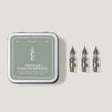 A refill set designed to extend your glass pen's life. This set includes 3 replacement nibs in a metal tin with foam cushion for safe keeping.&nbsp;

The nibs use a screw type mechanism for easy replacement and cleaning.&nbsp;

Compatible with Wearingeul Modular Glass Pen