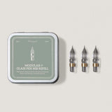 A refill set designed to extend your glass pen's life. This set includes 3 replacement nibs in a metal tin with foam cushion for safe keeping.&nbsp;

The nibs use a screw type mechanism for easy replacement and cleaning.&nbsp;

Compatible with Wearingeul Modular Glass Pen