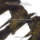 'The Color of Literature' is the project expressing the stories and impressions of literature works with colors, Wearingeul inks illustrate the specific scenes or the atmosphere of novels and poems, Also, some sets represent the main concept of the original stories, giving unqiue exprience following itinerary of the characters in the stories.

An ink where brilliant gold glitters shines over a deep black base, expressing the contrast between Narcissus's restrained intellect and Goldmund's free-spirited sens