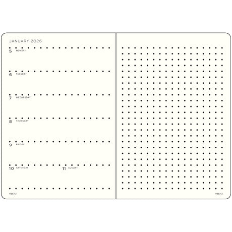 January 2026 - December 2026
Each double-page spread features one page with the planner week and one dotted notebook page
Including all the familiar overviews and details
Expandable pocket in the cover
Detachable sheets for notes