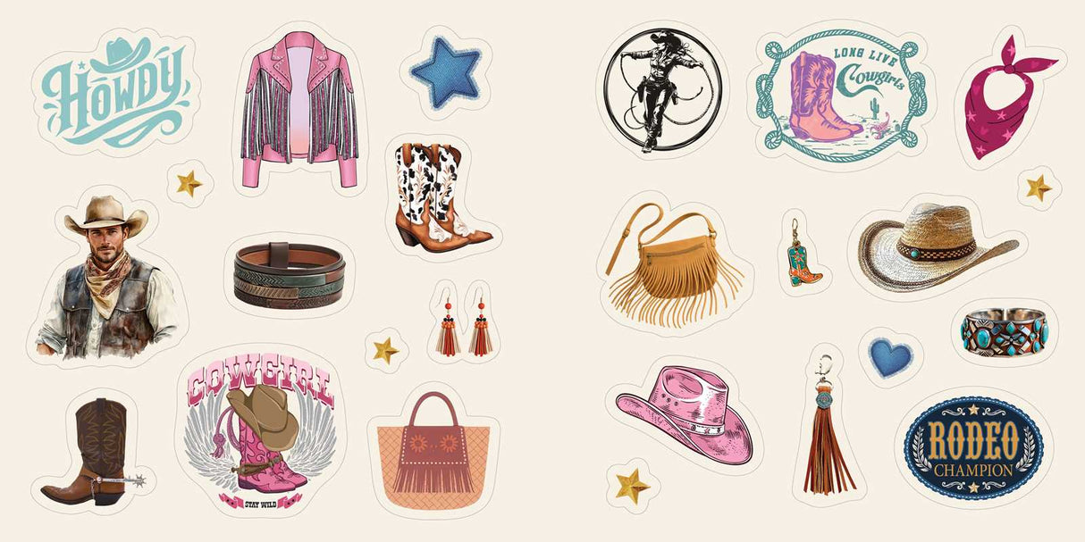 Colorful cowboy hats and boots. Lucky horseshoes and bucking broncos. Prickly cacti and desert sunsets. Delivering 500+ “cowboy-core” designs, this country-inspired StickerCore collection brings the Wild West to everyone.

Rhinestone-studded cowgirl boots, pretty paisleys, neon saloon signs, flower-crowned steer skulls, lucky horseshoes, galloping stallions, and fun sayings like “Yeehaw!” and “Howdy!”—what’s not to love about the western aesthetic?
 
 With Western Stickers, those ready to saddle up in style